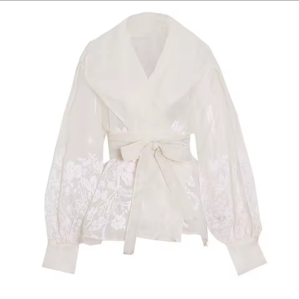 Vintage Patchwork Lace Up Blouse For Women V Neck Long Sleeve Embroidery Tempera - Picture 3 of 5